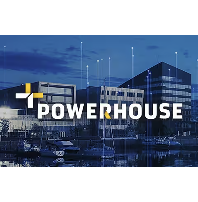 Powerhouse logo overlaid on an image of the Powerhouse Brattørkaia in Trondheim, Norway