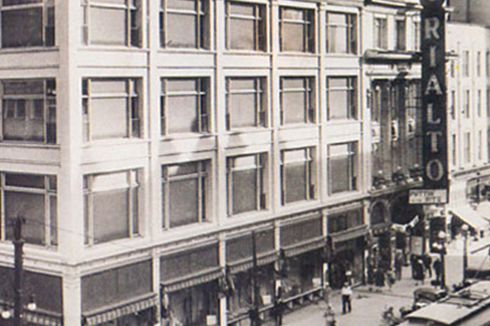 A greyscale image of the Rialto Square Theatre in Joliet, Illinois