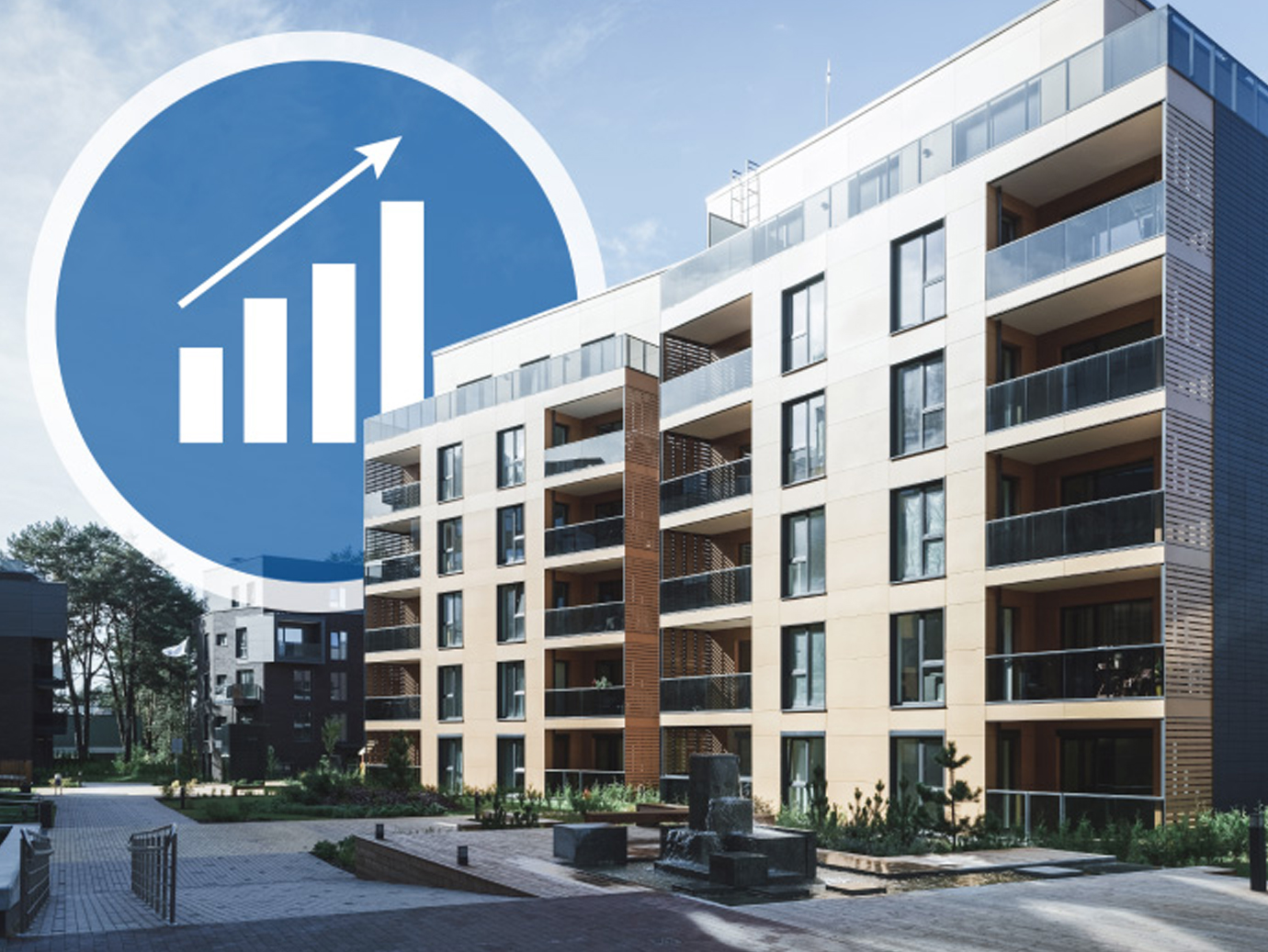 Exterior of a corporate building, with an icon of a bar graph depicting growth overlaid in the background