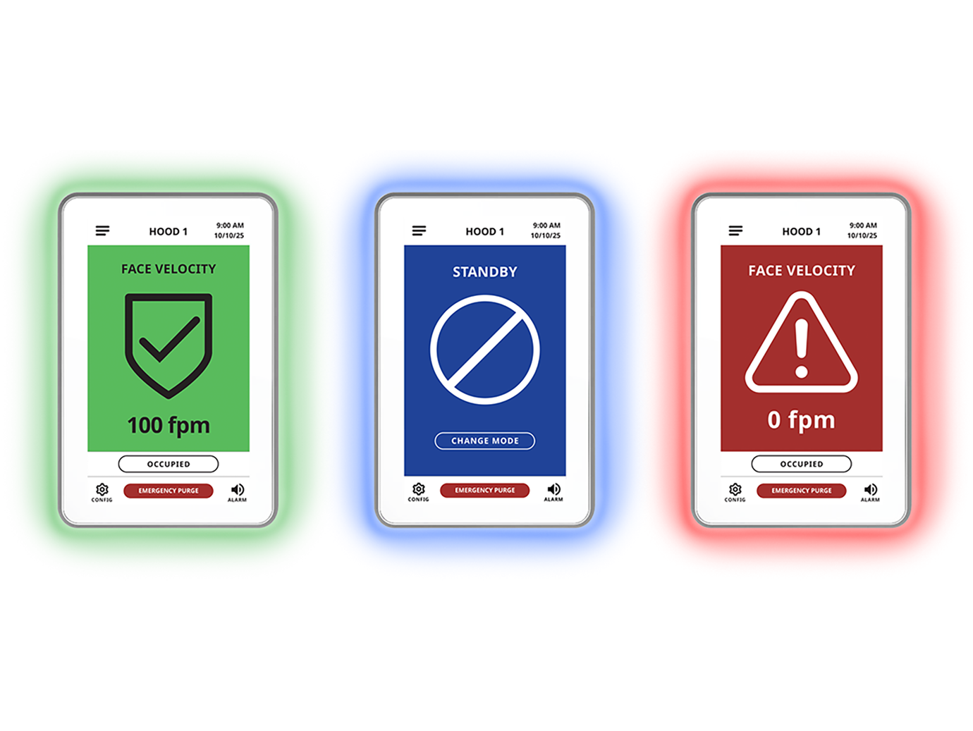 A set of three HMS-2000 Fume Hood Controllers in green, blue and red