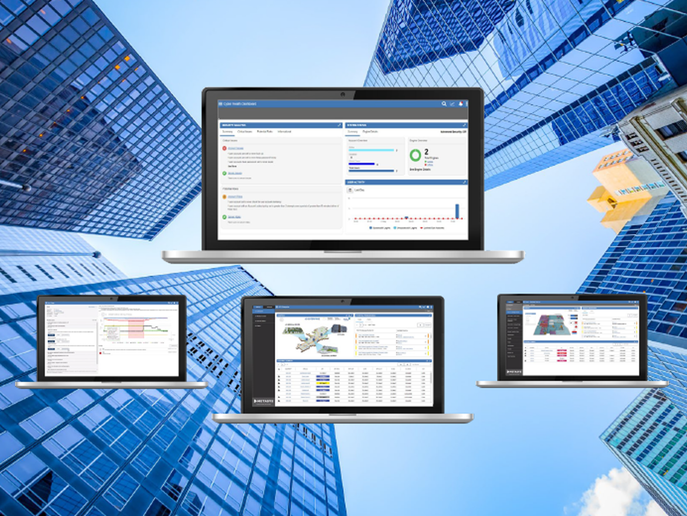 Four Laptop screens showing different Metasys illustrations