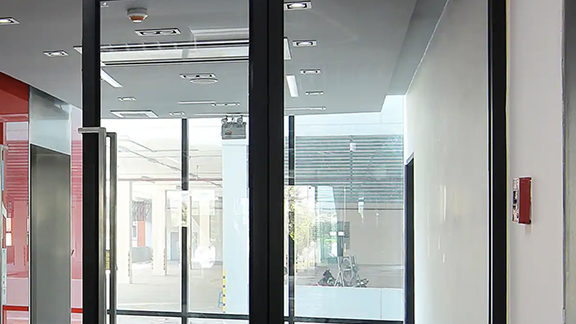 A glass door in a building
