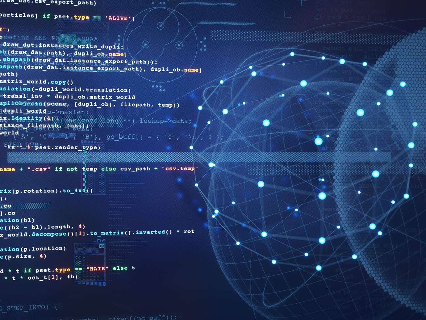 A blue screen with lines of code and graphics of the globe