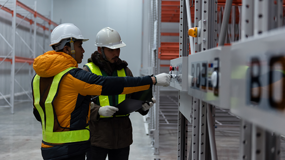 Two maintenance workers inspecting a machine in a warehouse
