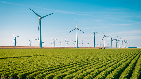 A wind farm amidst a lush field on a sunny day