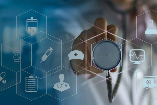 Doctor holding a stethoscope against a virtual screen displaying medical icons