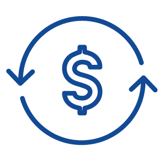Blue line-illustration of a dollar sign enclosed within two circular arrows