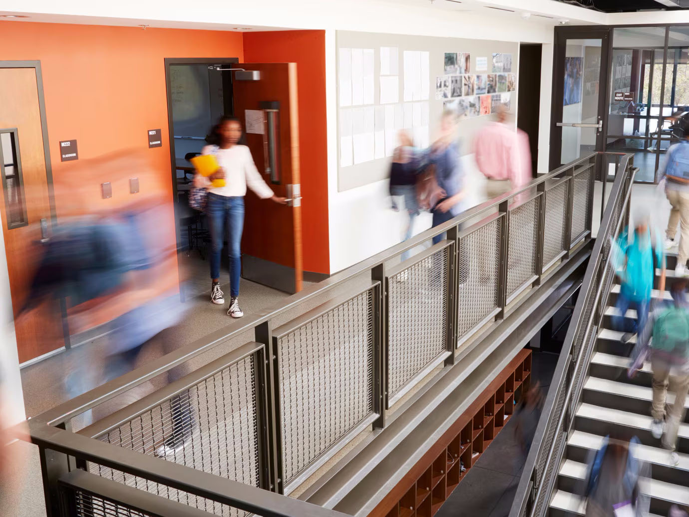 Motion blur high school hallway