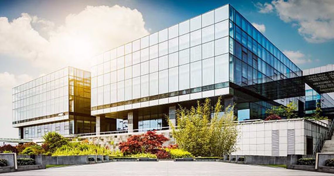 Exterior of a building with glass windows