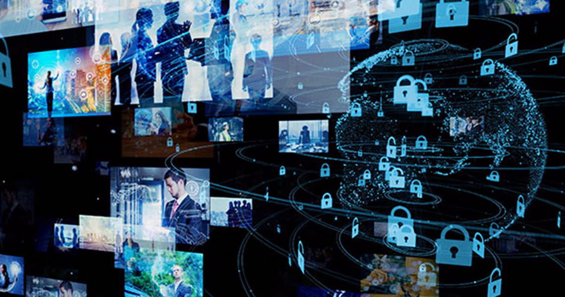 Video management software implementation depicted by a graphic of globe and locks overlaid on multiple screens