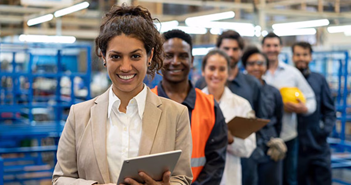 Employees stand in a line