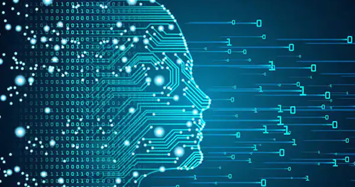 Abstract digital human face with optic fibres and binary digits