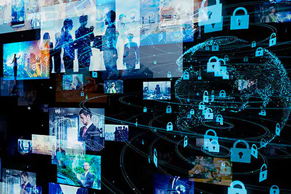 Video management software implementation depicted by a graphic of globe and locks overlaid on multiple screens