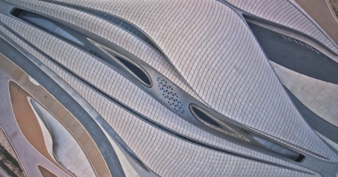 Aerial shot of the new BEEAH headquarters in the United Arab Emirates designed by Zaha Hadid Architects