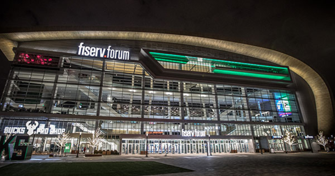 Exterior of the Fiserv Forum Arena at night