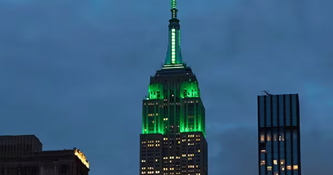 The Empire State Building with green lighting
