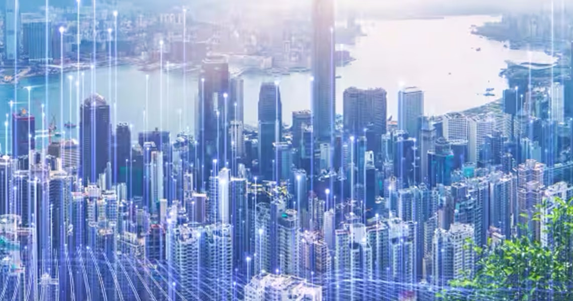 Ariel view of a city with a river with modern graphics