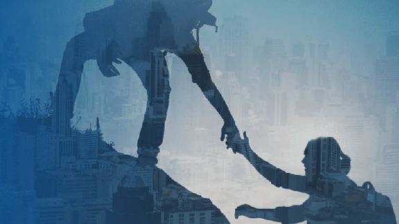 A mountaineer helping another mountaineer to climb with an overlaid cityscape