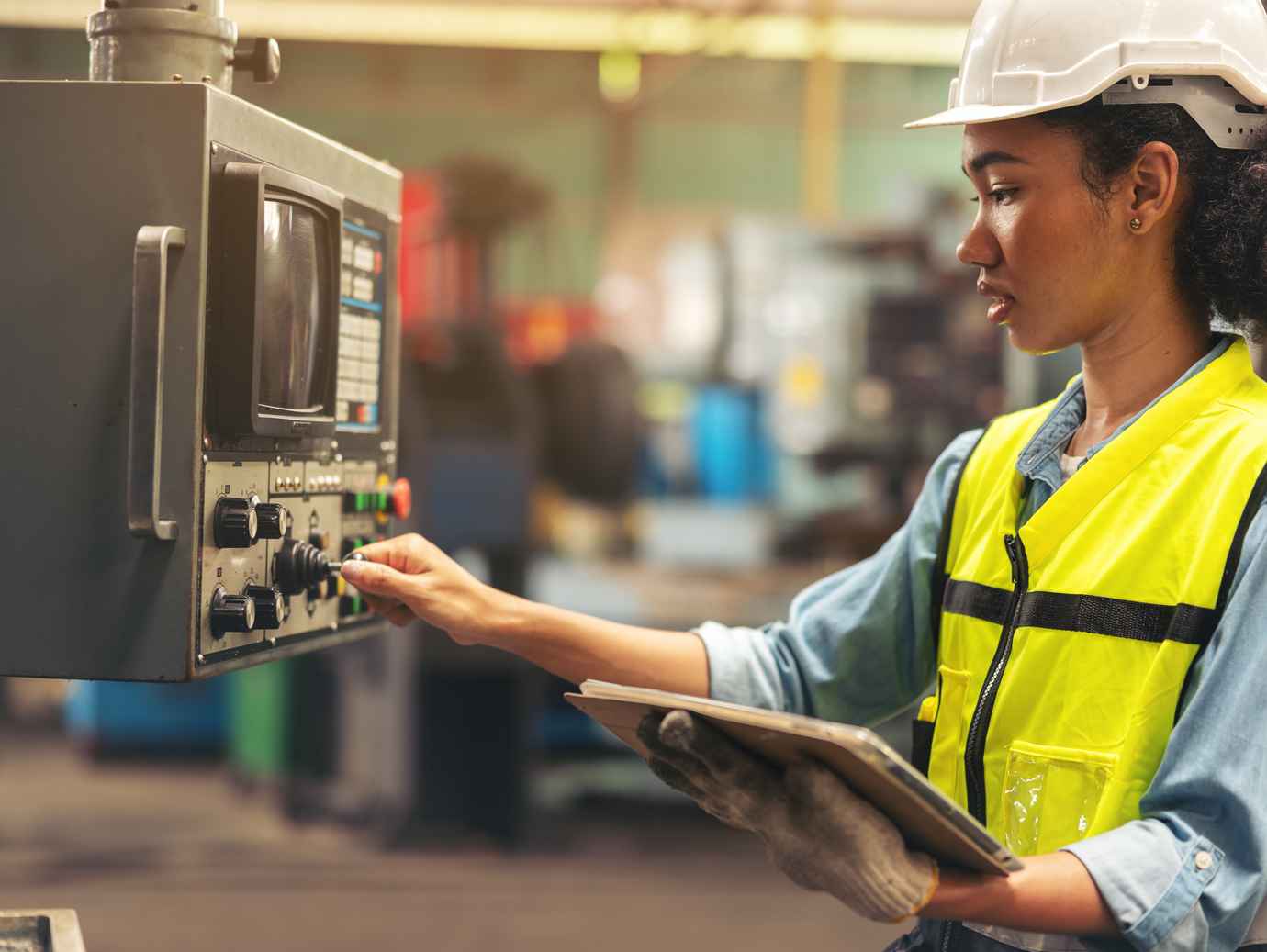 A femal Johnson Controls technician operating a machine and using a tablet