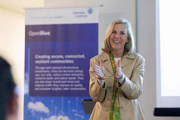 Katie McGinty, vice president and chief sustainability and external relations officer at Johnson Controls, speaks to HACC students and teachers and local community leaders.