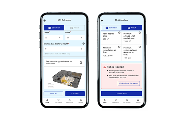 Built into the Ducted Systems Solutions app, the RDS Calculator allows contractors to easily and quickly determine if residential or commercial HVAC projects require a Refrigerant Detection System.