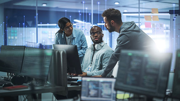 Three people discussing topic in cabin