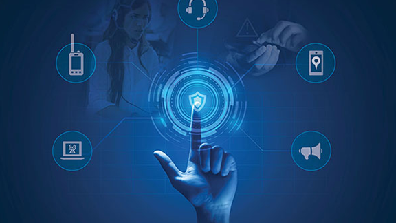 A finger tapping a hologram shield button