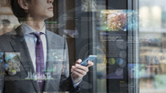 businessman near window connectivity graphics