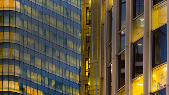 Close-up of the exteriors of two skyscrapers