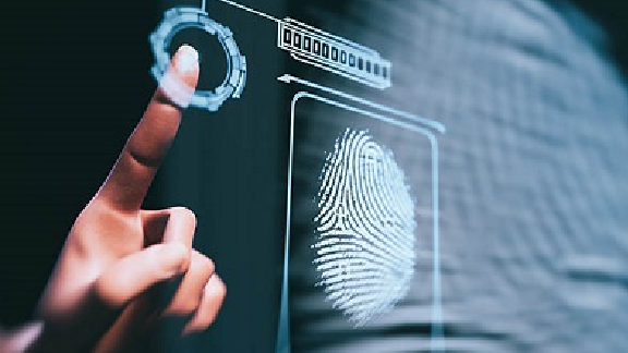 A finger tapping a glass screen displaying a fingerprint