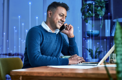 Man speaking on a smartphone, overlaid with a graphic depicting digital communication