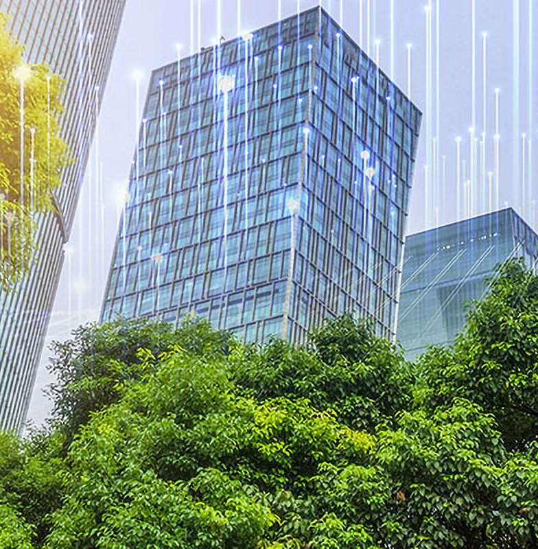 Blue skyscrapers rising behind a row of trees, overlaid with OpenBlue graphics