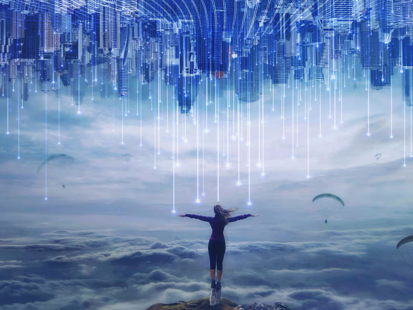 A woman standing and facing clouds and a skyline, overlaid with OpenBlue graphics