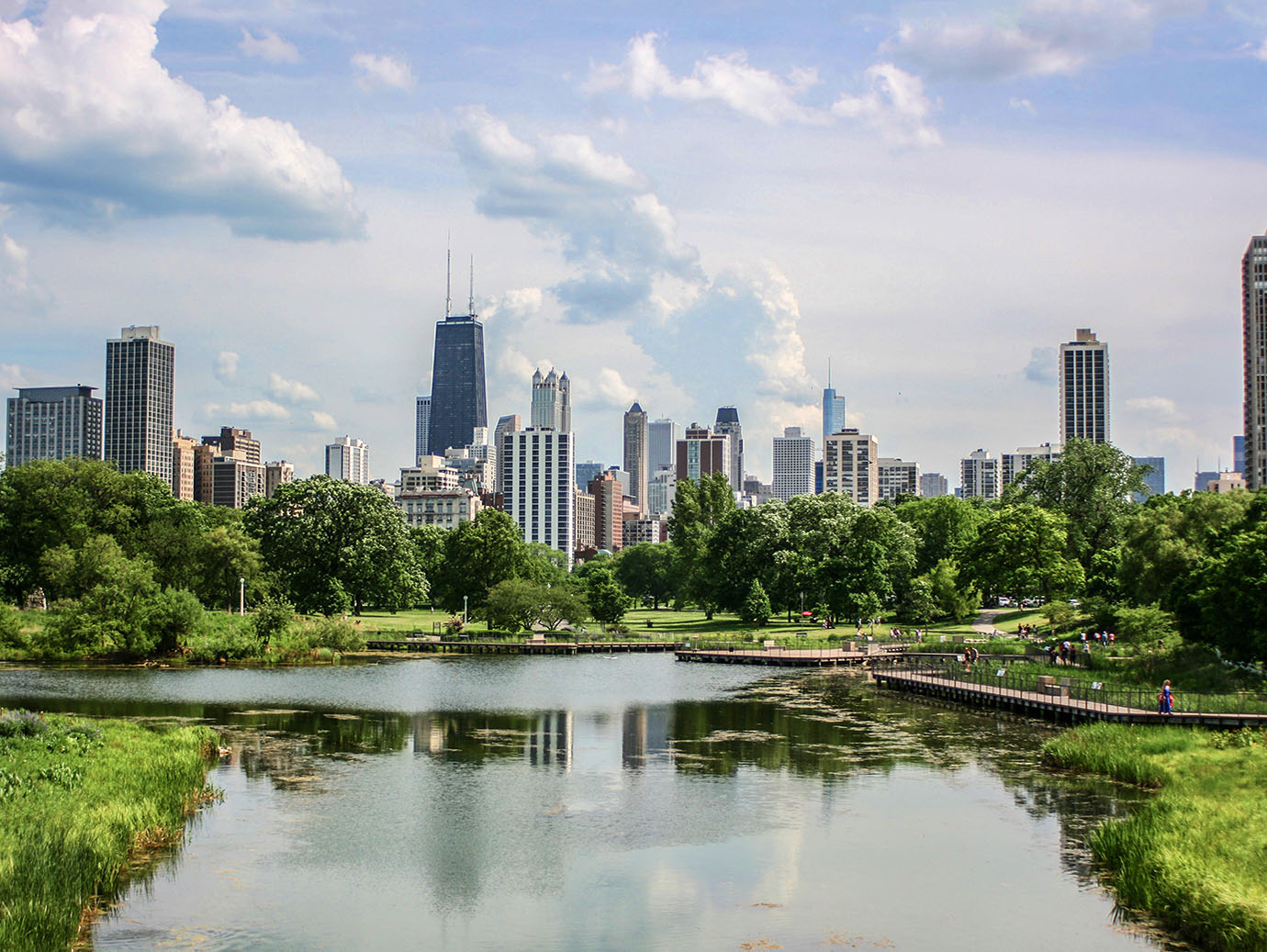 A cityscape at daytime, with a bird flying overhead
