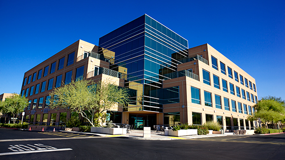 A commercial building at daytime, with an eagle flying near it