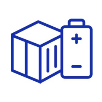 Blue line-illustration of a battery and an adapter