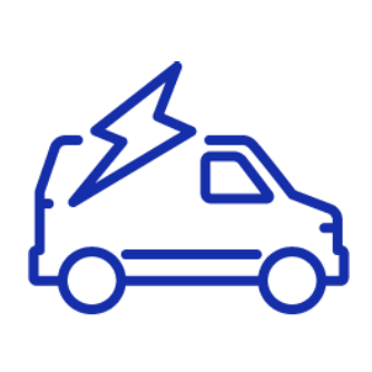 Blue line-illustration of a lightning bolt over a minivan