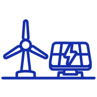 Blue line-illustration of a wind turbine and a solar panel