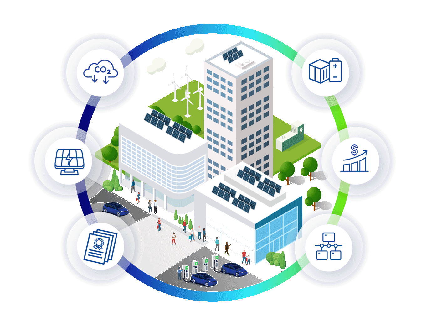 A digital illustration of a building, surrounded by icons depicting sustainability and efficiency