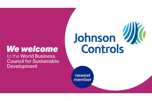 World Business Council for Sustainable Development (WBCSD) poster welcoming Johnson Controls as a member